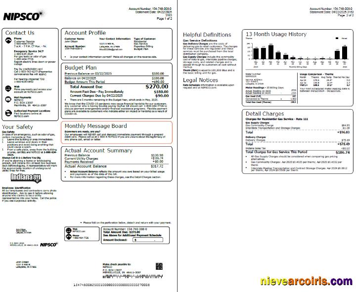 USA NIPSCO utility bill, 2 pages